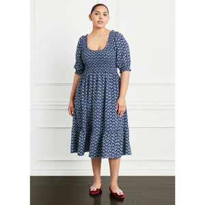 Hill House Home Louisa Nap Dress Smocked Navy Blue Floral Posy Navy Crepe Midi L